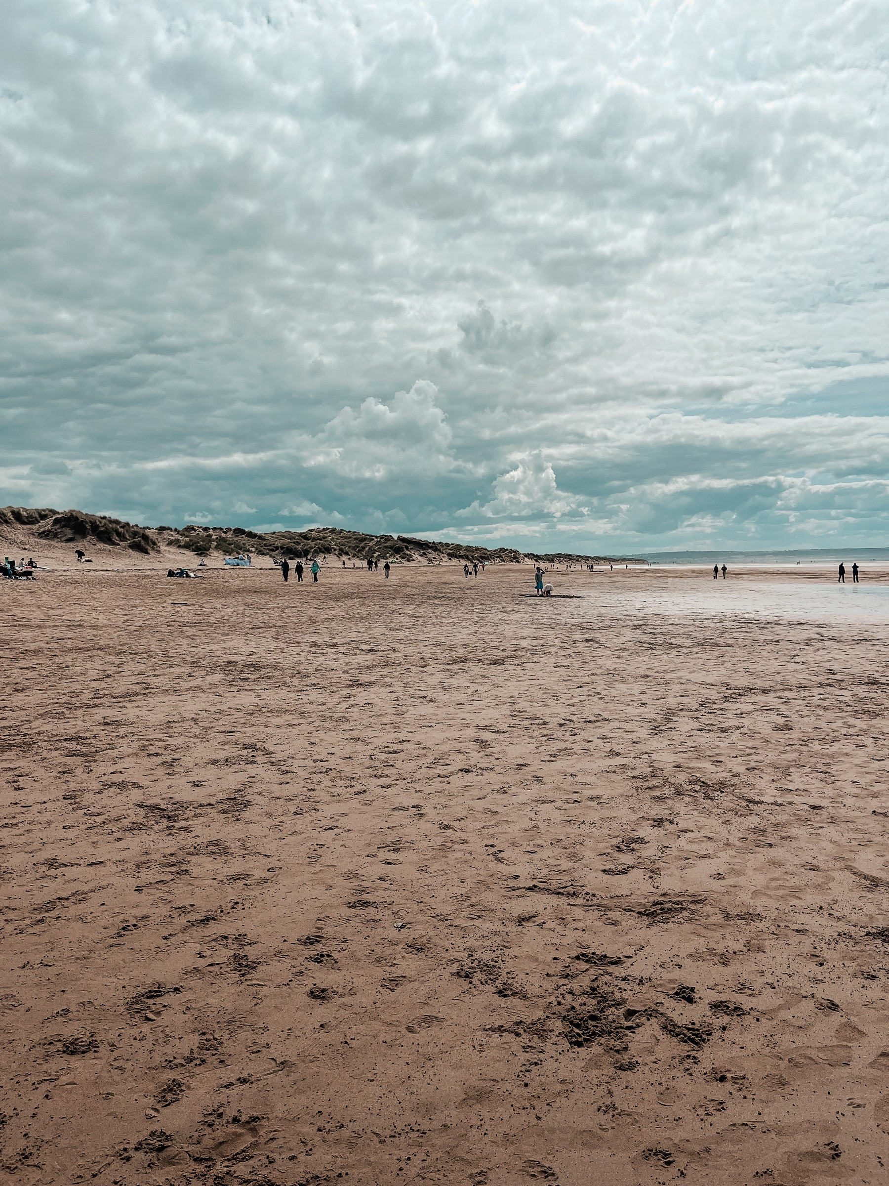 Saunton Sands at low tide, with the dunes of Braunton Burrows behind