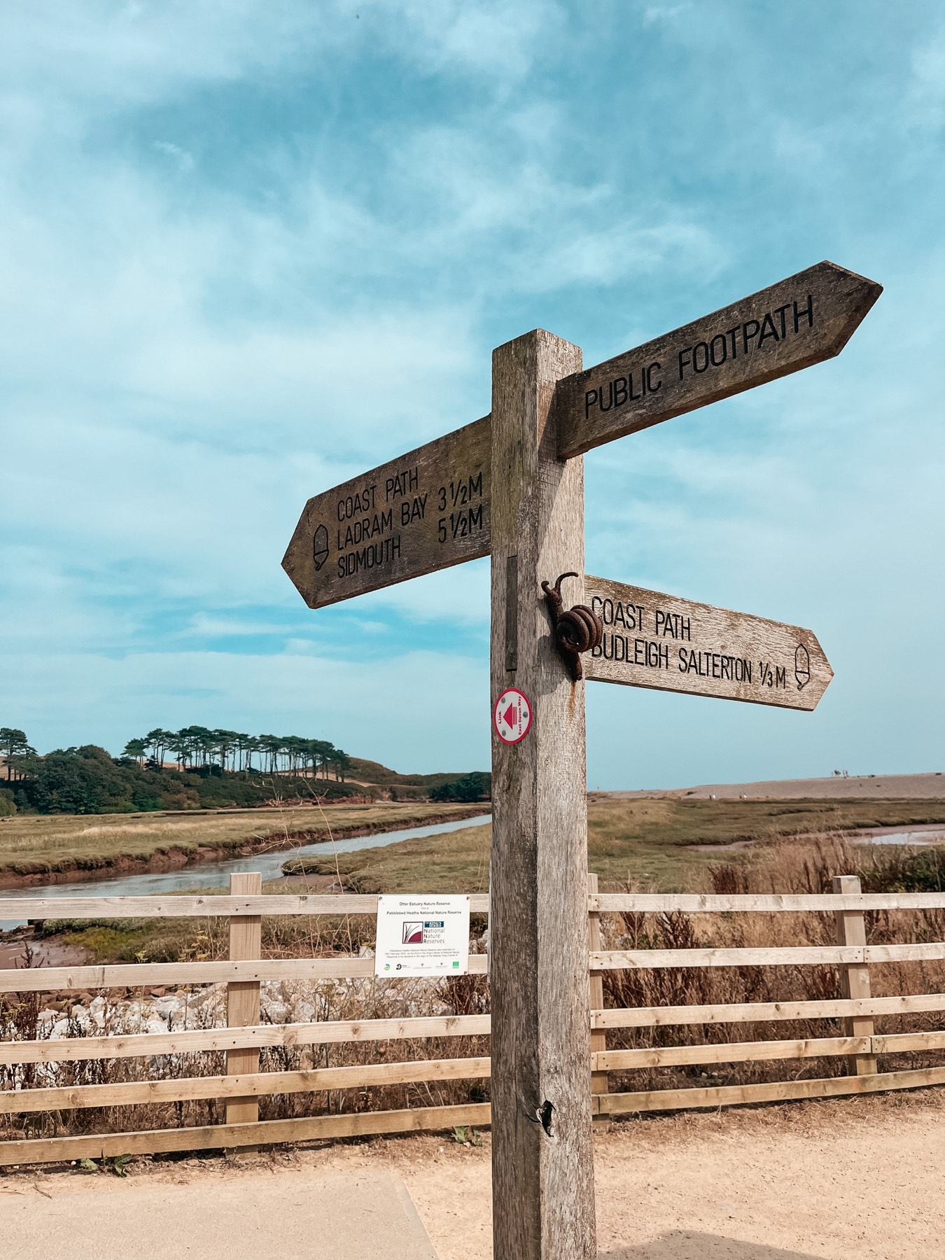 A coast path signpost showing a third of a mile to Budleigh Salterton
