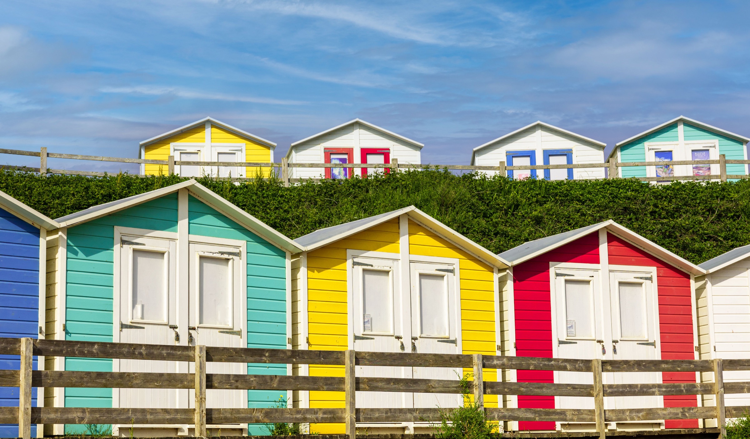 Colourful beach huts at Summerleaze, Bude, north Cornwall