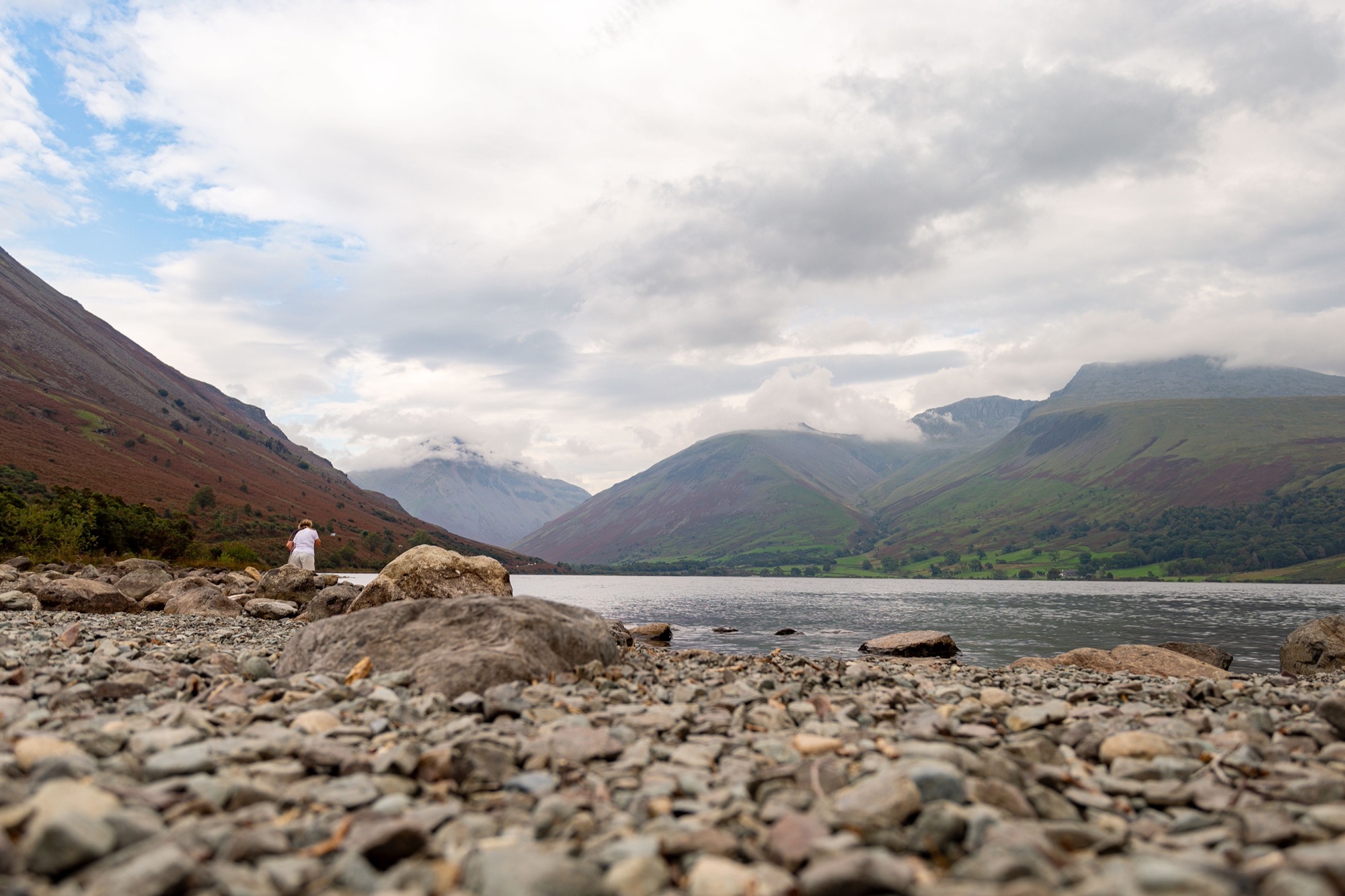 The pebbled shore at the foot of Wastwater, looking back up the lake