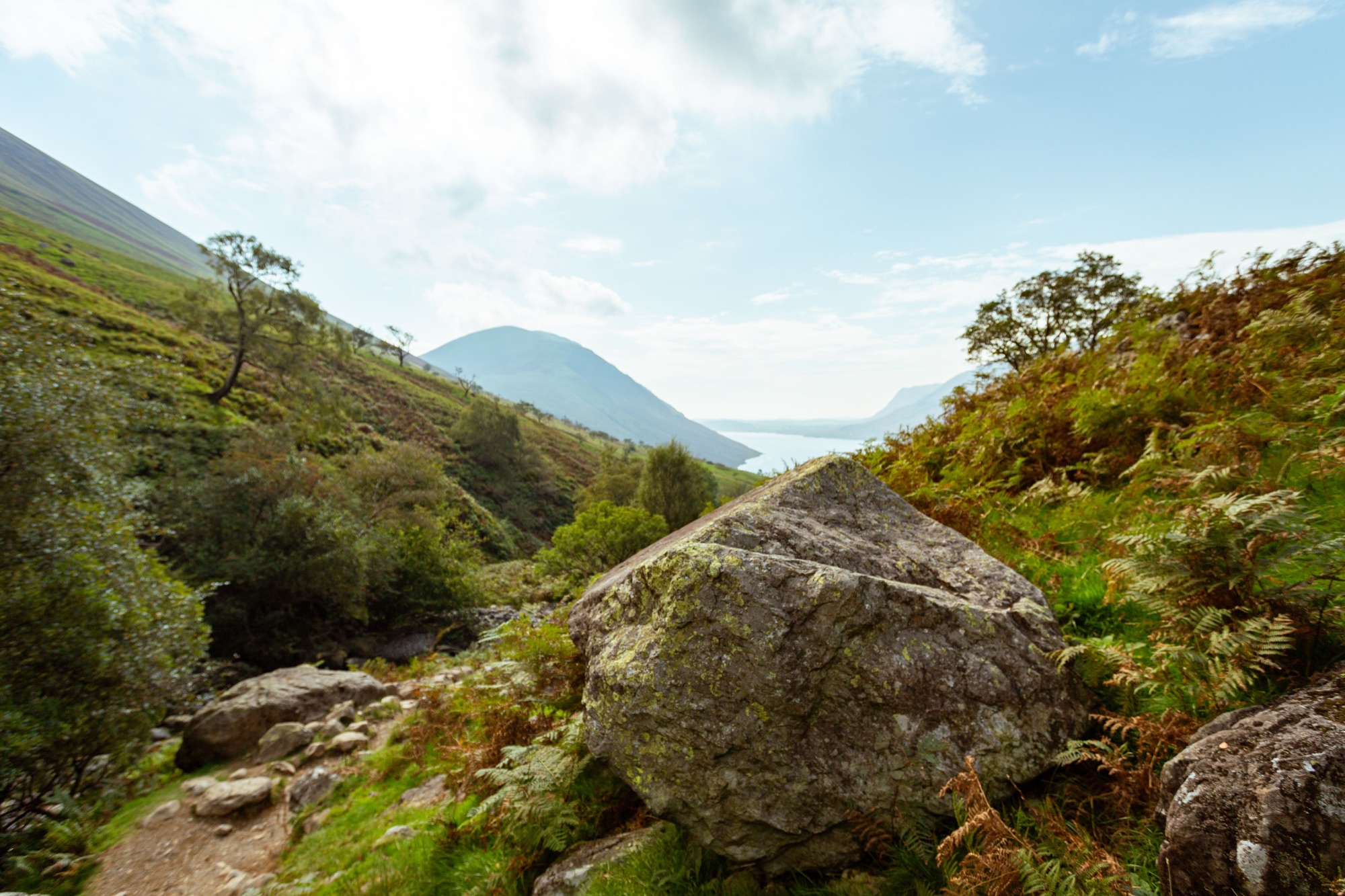 The shoreline track near Overbeck Bridge, with Wastwater visible below