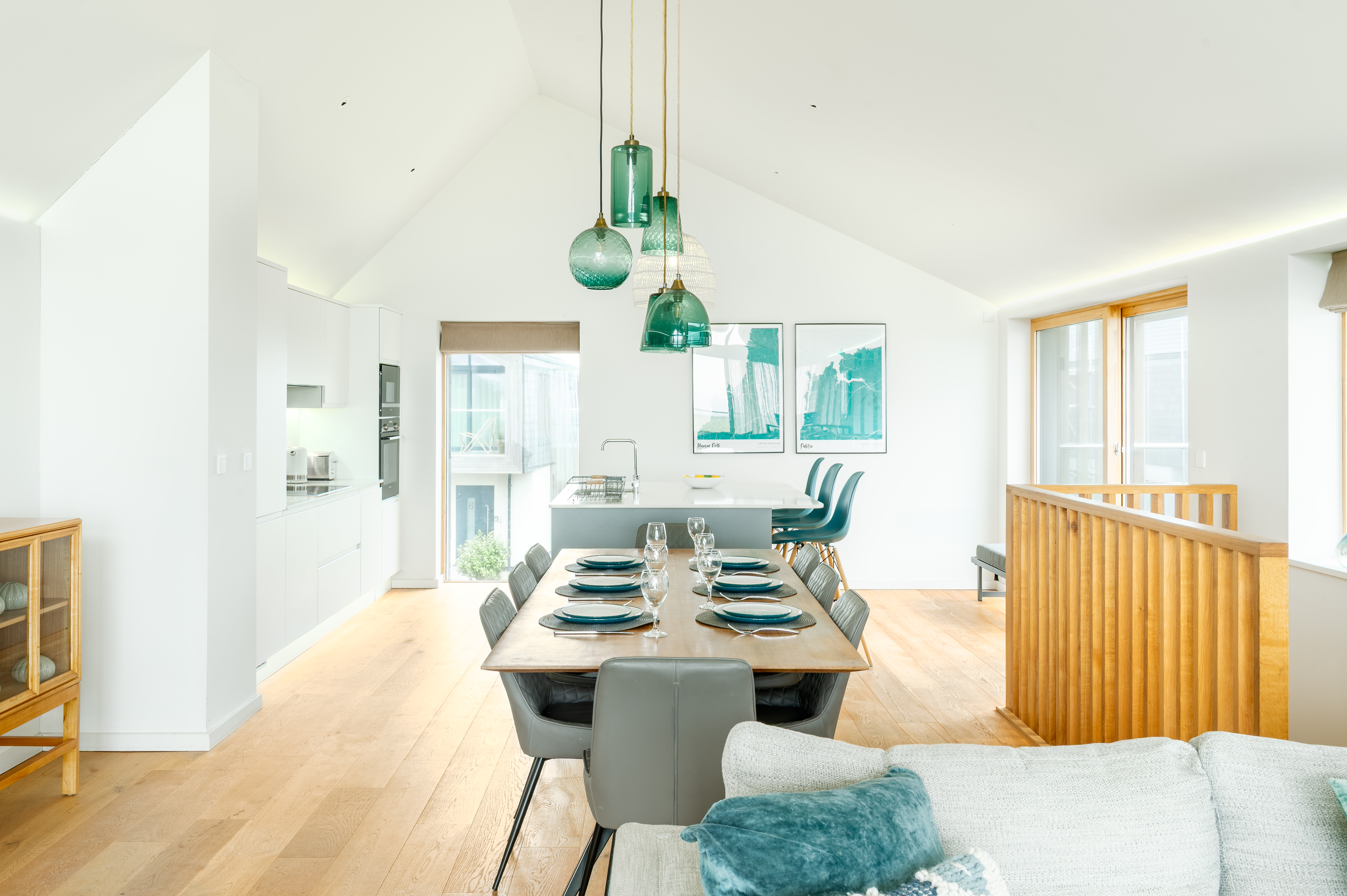 The dining area at The Mawgan Porth House with Bedruthan Steps views