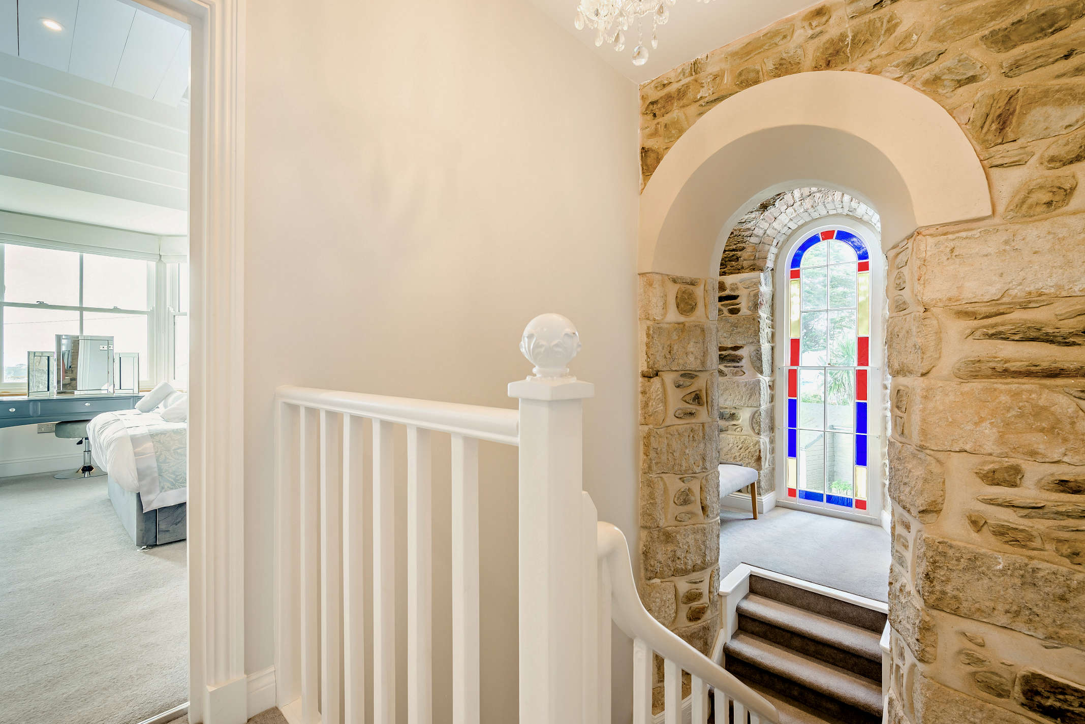 Stained glass detail at The Porthleven House Victorian house, Porthleven