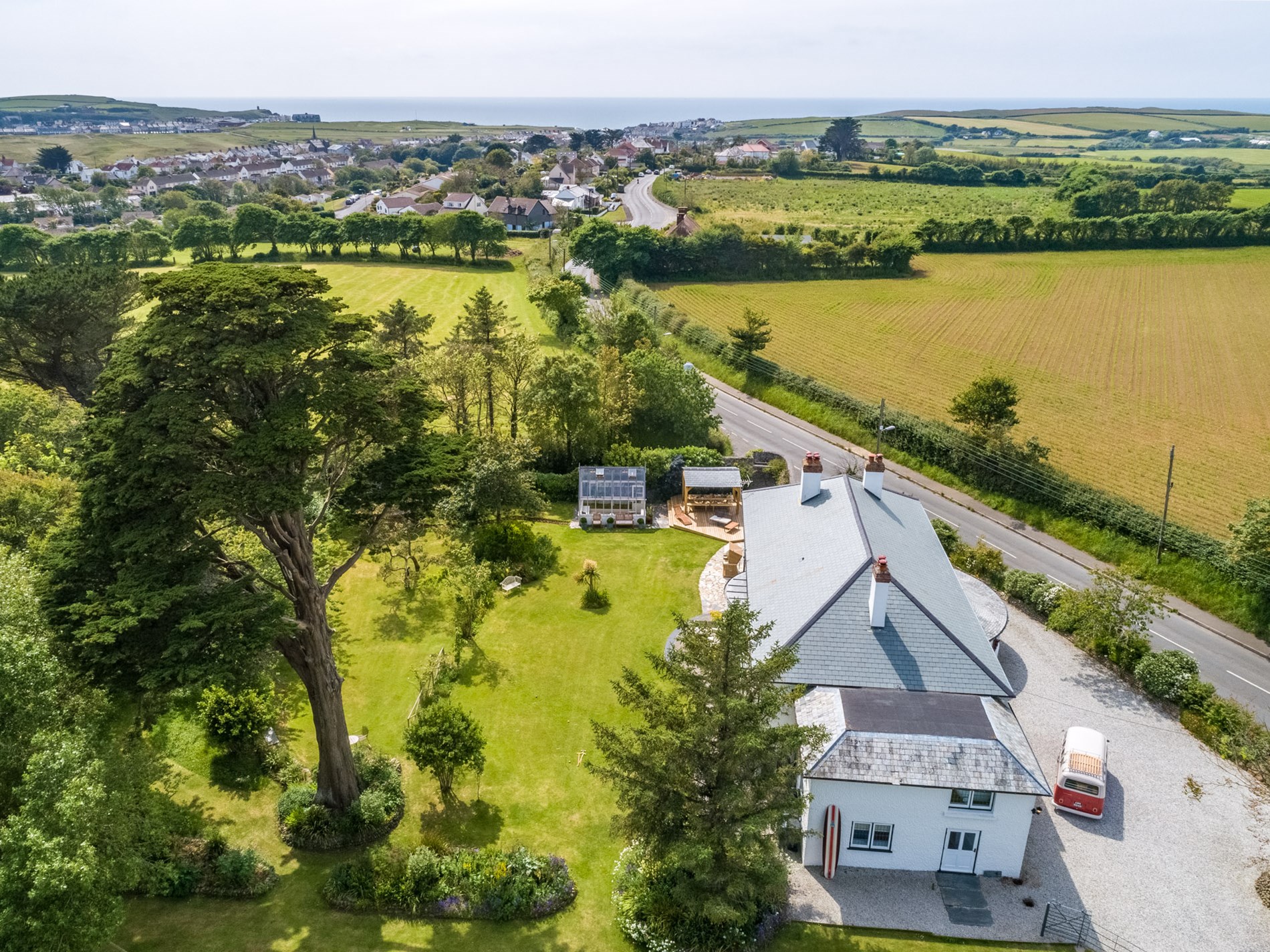 Aerial view of The Bude House and its grounds, Poughill near Bude Cornwall